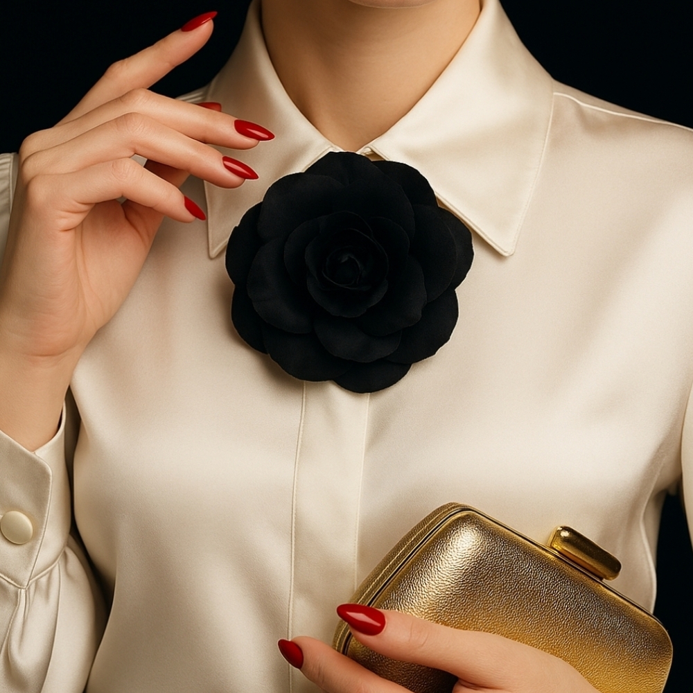 VINTAGE M S SCHMALBERG COUTURE BLACK SILK CAMELLIA BROOCH MADE IN NEW YORK